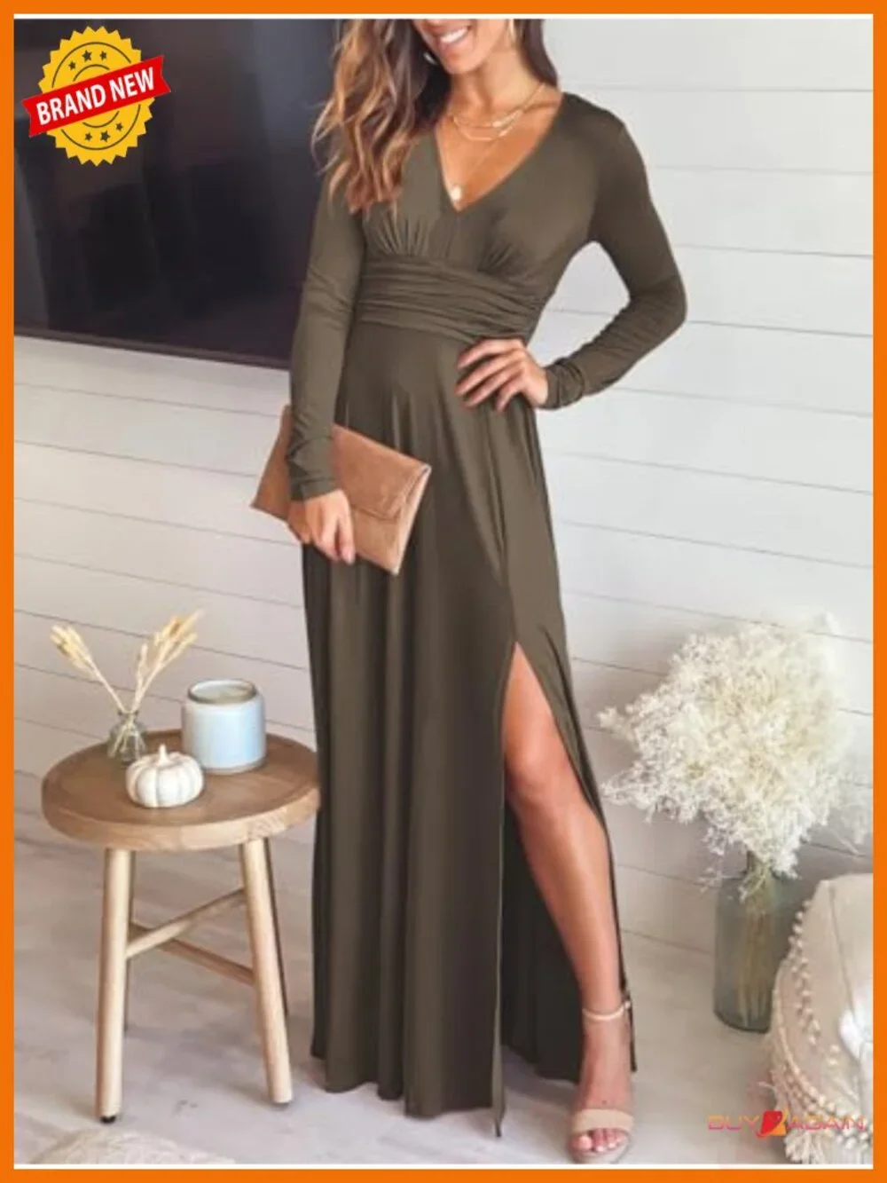 Women Deep V Neck Long Sleeve Maxi Dress Side Slit Formal Wedding Guest